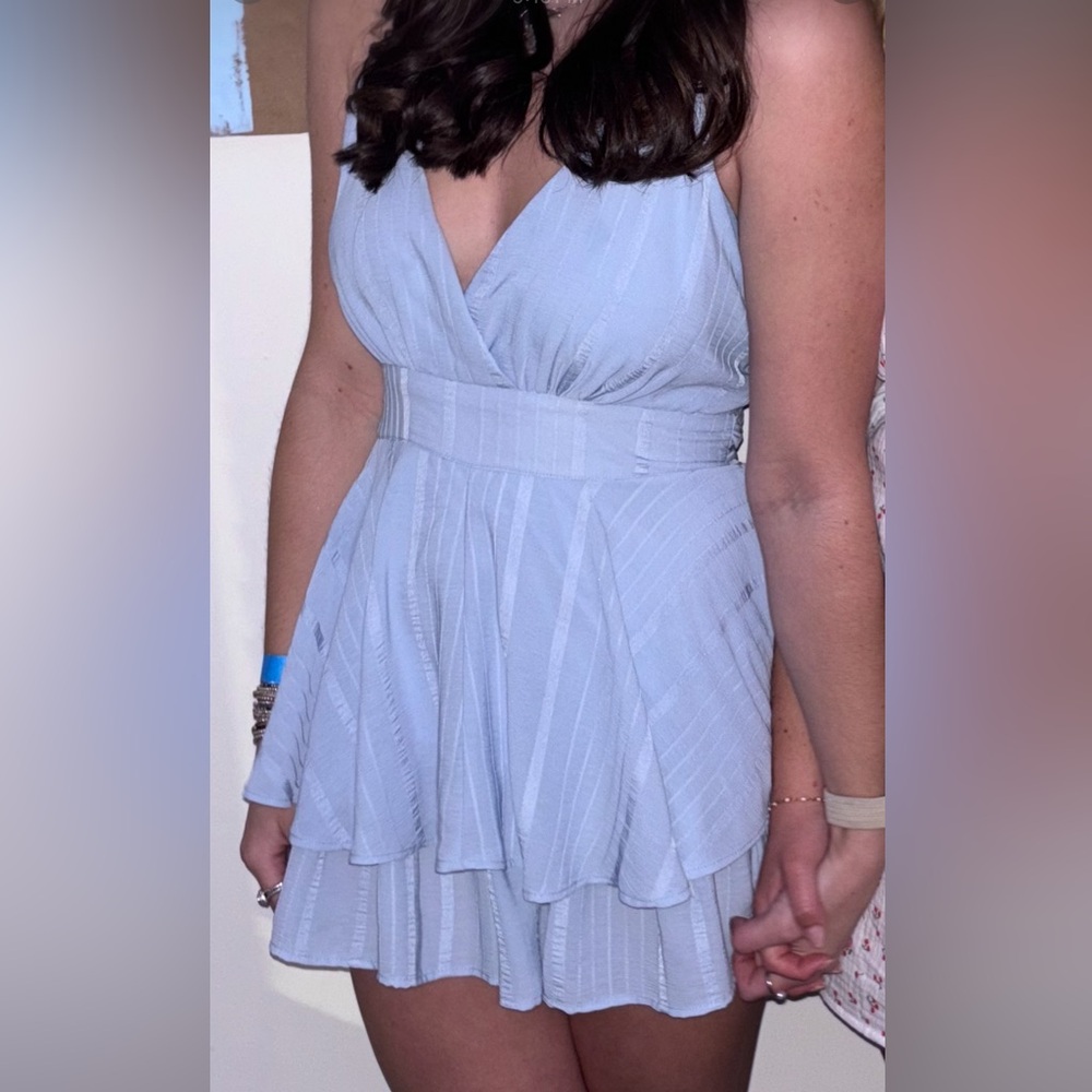 Light Blue V-Neck Layered Midi Dress